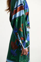 Dorothee Schumacher Long Sleeve Oversized Silk Twill Button-Up Blouse in Blue Green Mushroom Print