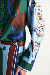 Dorothee Schumacher Long Sleeve Oversized Silk Twill Button-Up Blouse in Blue Green Mushroom Print