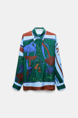 Dorothee Schumacher Long Sleeve Oversized Silk Twill Button-Up Blouse in Blue Green Mushroom Print