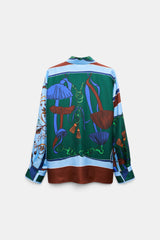 Dorothee Schumacher Long Sleeve Oversized Silk Twill Button-Up Blouse in Blue Green Mushroom Print