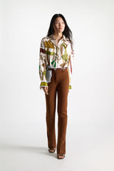 Dorothee Schumacher Long Sleeve Oversized Silk Twill Button-Up Blouse in Cream Terracotta Mushroom Print