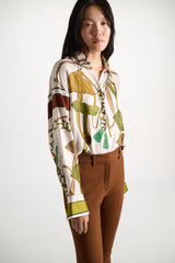 Dorothee Schumacher Long Sleeve Oversized Silk Twill Button-Up Blouse in Cream Terracotta Mushroom Print