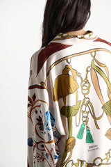 Dorothee Schumacher Long Sleeve Oversized Silk Twill Button-Up Blouse in Cream Terracotta Mushroom Print