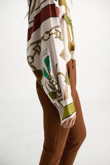Dorothee Schumacher Long Sleeve Oversized Silk Twill Button-Up Blouse in Cream Terracotta Mushroom Print