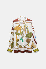 Dorothee Schumacher Long Sleeve Oversized Silk Twill Button-Up Blouse in Cream Terracotta Mushroom Print