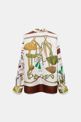 Dorothee Schumacher Long Sleeve Oversized Silk Twill Button-Up Blouse in Cream Terracotta Mushroom Print