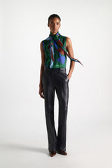 Dorothee Schumacher Sleeveless Silk Twill Blouse in Blue Green Mushroom Print