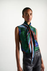 Dorothee Schumacher Sleeveless Silk Twill Blouse in Blue Green Mushroom Print