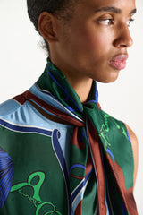 Dorothee Schumacher Sleeveless Silk Twill Blouse in Blue Green Mushroom Print