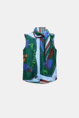 Dorothee Schumacher Sleeveless Silk Twill Blouse in Blue Green Mushroom Print