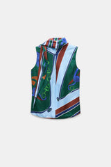 Dorothee Schumacher Sleeveless Silk Twill Blouse in Blue Green Mushroom Print