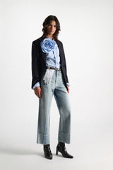 Dorothee Schumacher Cotton Poplin Button-Up Shirt with XL Rose Appliqué in Blue Stripes