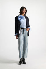 Dorothee Schumacher Cotton Poplin Button-Up Shirt with XL Rose Appliqué in Blue Stripes