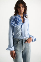 Dorothee Schumacher Cotton Poplin Button-Up Shirt with XL Rose Appliqué in Blue Stripes