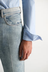 Dorothee Schumacher Cotton Poplin Button-Up Shirt with XL Rose Appliqué in Blue Stripes
