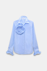 Dorothee Schumacher Cotton Poplin Button-Up Shirt with XL Rose Appliqué in Blue Stripes
