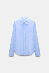 Dorothee Schumacher Cotton Poplin Button-Up Shirt with XL Rose Appliqué in Blue Stripes