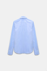 Dorothee Schumacher Cotton Poplin Button-Up Shirt with XL Rose Appliqué in Blue Stripes
