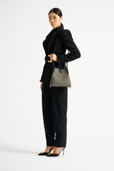 Balmain Release Jacquard Bucket Bag with Calfskin Straps in Black and Beige