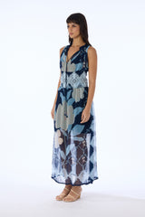 Verandah Vintage Cupro Chiffon and Lace Sleeveless Dress in Navy Floral Print Vancouver. Shop Online or in Store.