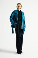 Balmain Lambskin Leather Biker Jacket in Teal