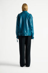 Balmain Lambskin Leather Biker Jacket in Teal