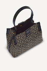 Balmain Release Jacquard Bucket Bag with Calfskin Straps in Black and Beige
