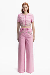 Self-Portrait Embellished Cropped Denim Top in Pink