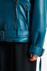 Balmain Lambskin Leather Biker Jacket in Teal