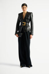 Balmain 1-Button Belted Leather Jacket in Black