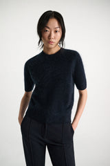 Dorothee Schumacher Fluffy Wash Merino-Cashmere Short Sleeve Pullover in Navy