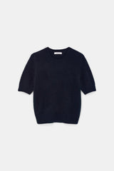 Dorothee Schumacher Fluffy Wash Merino-Cashmere Short Sleeve Pullover in Navy