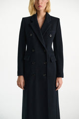 Dorothee Schumacher Double-Breasted Coat in Stretch Wool in Navy