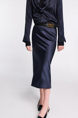 Dorothee Schumacher CPH Stretch Silk-Satin Midi-Skirt in Navy Vancouver. Shop Online or in Store.
