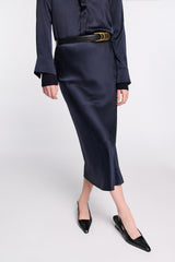 Dorothee Schumacher CPH Stretch Silk-Satin Midi-Skirt in Navy Vancouver. Shop Online or in Store.