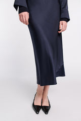 Dorothee Schumacher CPH Stretch Silk-Satin Midi-Skirt in Navy Vancouver. Shop Online or in Store.