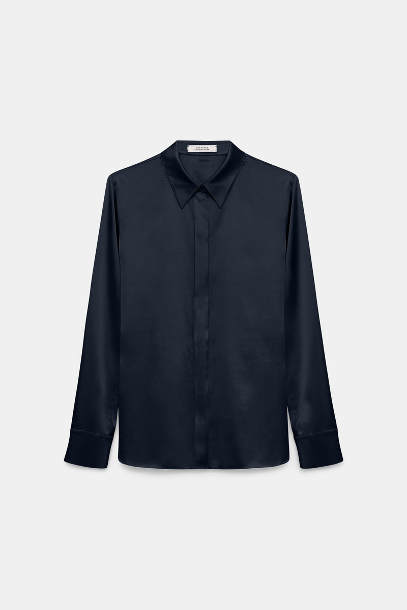 Dorothee Schumacher Stretch Silk Satin Blouse in Navy