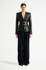 Balmain 1-Button Belted Leather Jacket in Black