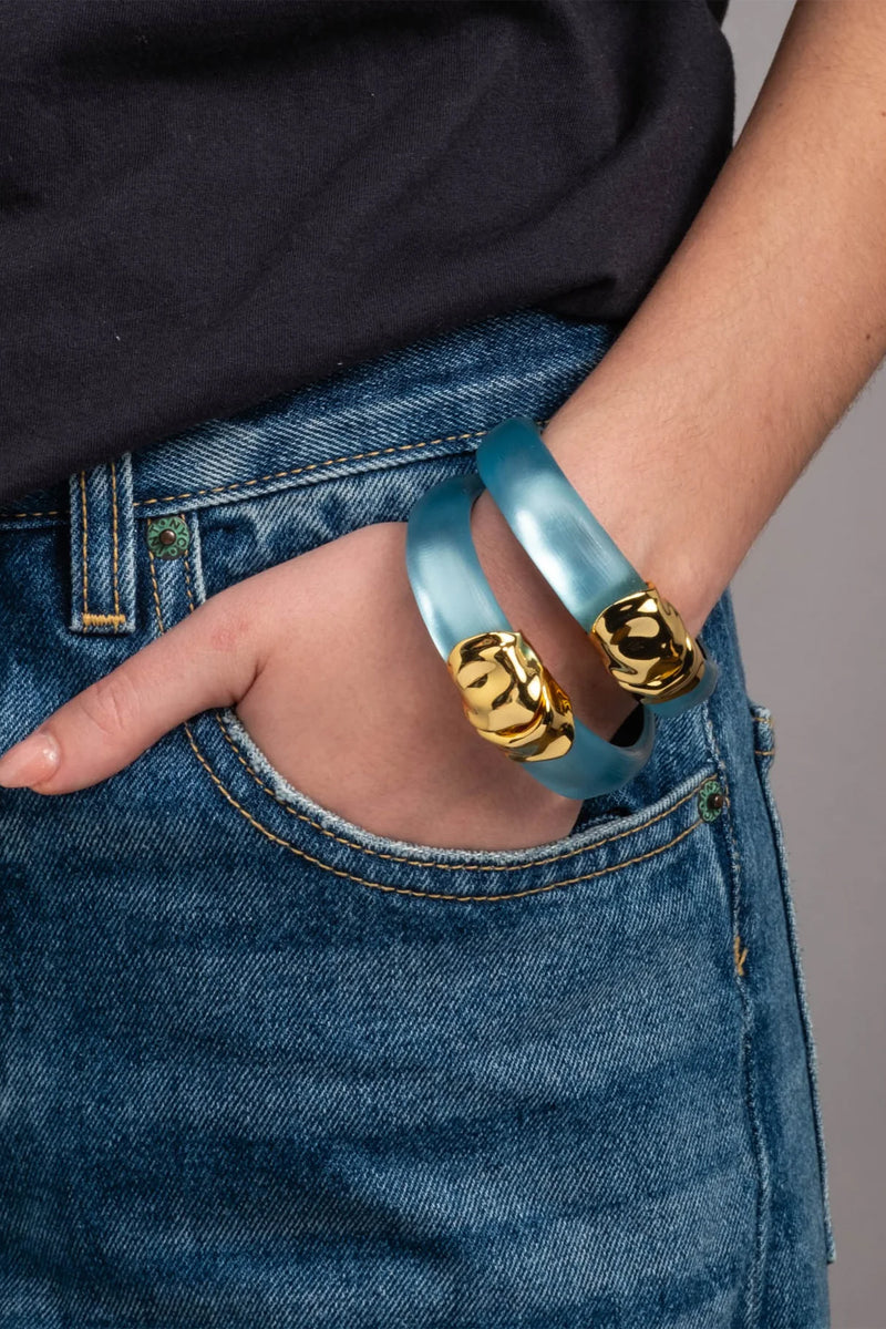 Alexis Bittar Molten Gold Clasp Lucite Hinge Bracelet in Icy Blue Vancouver. Shop Online or in Store.
