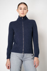 Amina Rubinacci 100% Cashmere High Neck Zip Cardigan in Indigo Melange Vancouver. Shop Online or in Store.