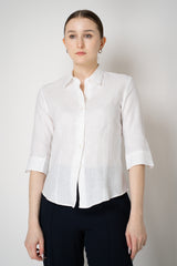 Amina Rubinacci 3/4 Sleeve Linen Collared Blouse in White Vancouver. Shop Online or in Store.