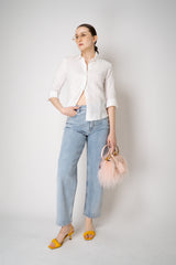 Amina Rubinacci 3/4 Sleeve Linen Collared Blouse in White Vancouver. Shop Online or in Store.