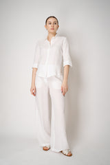 Amina Rubinacci 3/4 Sleeve Linen Collared Blouse in White Vancouver. Shop Online or in Store.