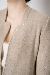 Amina Rubinacci Cotton Knit Fitted Mandarin Collar Sequined Jacket in Beige Vancouver. Shop Online or in Store.