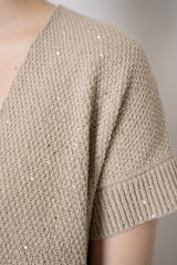 Amina Rubinacci Cotton Knit Short Sleeve Sequined Cardigan in Sand Vancouver. Shop Online or in Store.