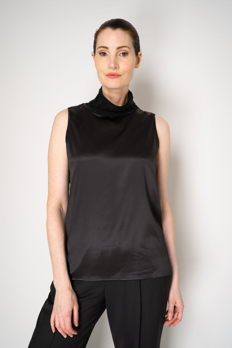 Amina Rubinacci Knit Cowl Neck Sleeveless Silk Top in Black Vancouver. Shop Online or in Store.