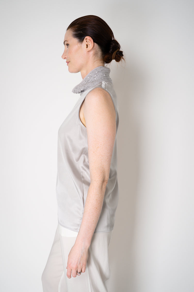 Amina Rubinacci Knit Cowl Neck Sleeveless Silk Top in Pearl Vancouver. Shop Online or in Store.