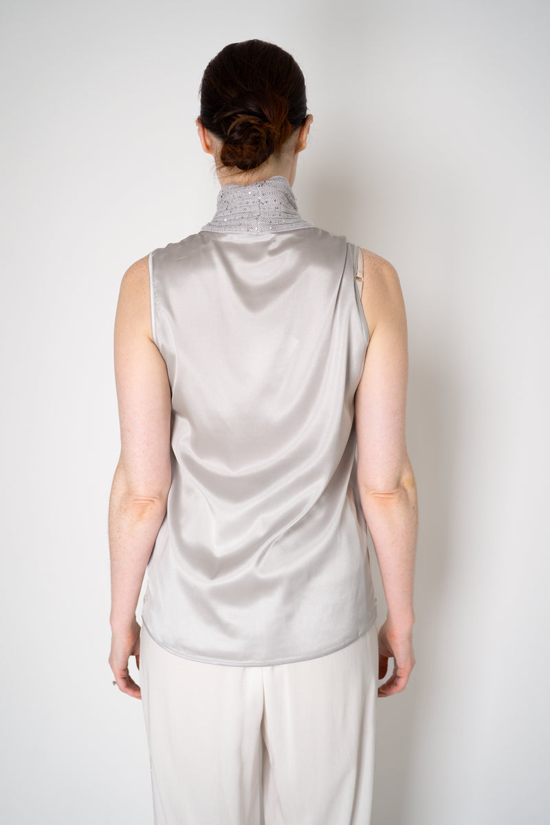 Amina Rubinacci Knit Cowl Neck Sleeveless Silk Top in Pearl Vancouver. Shop Online or in Store.