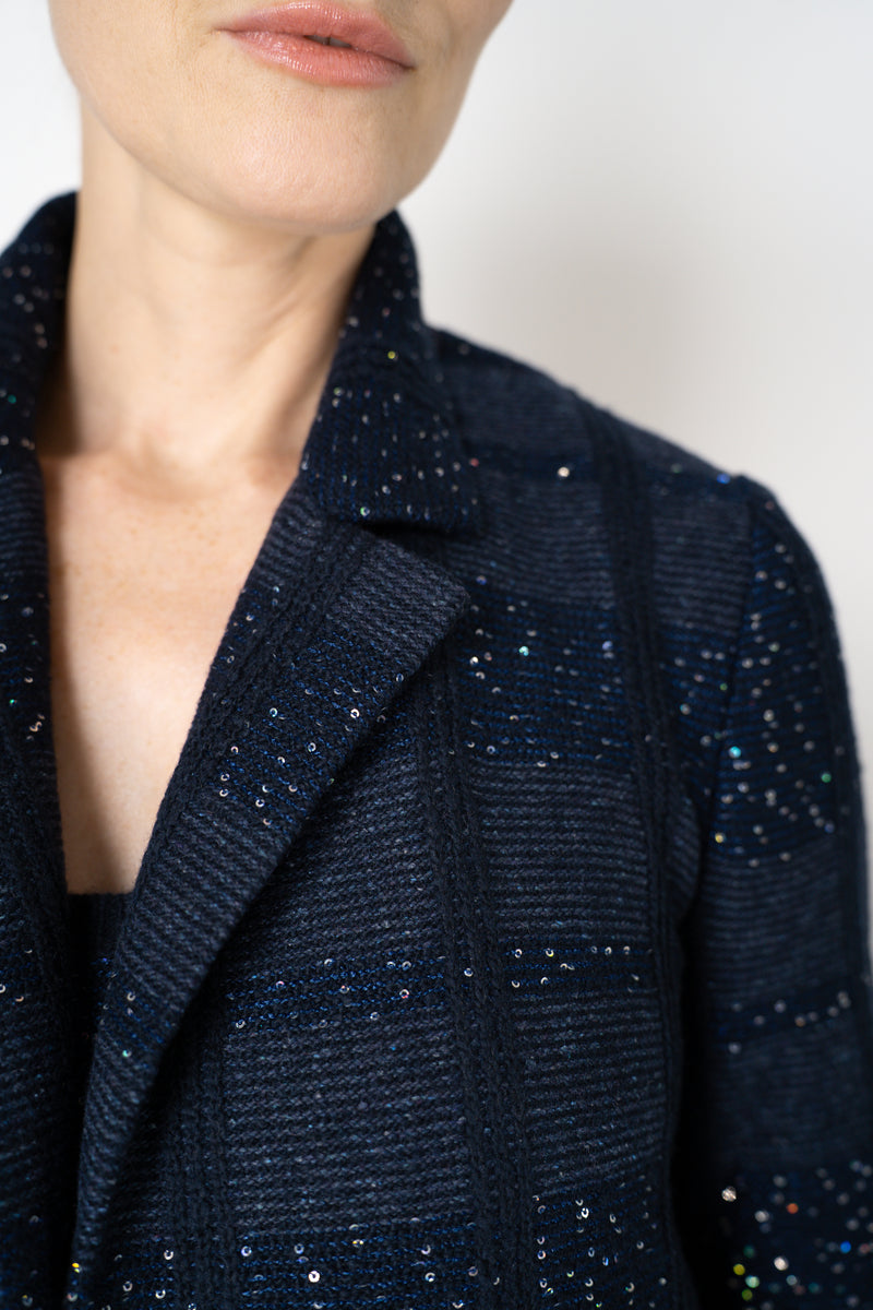 Amina Rubinacci Knit Tweed Sequin Embellished Blazer Jacket in Navy Vancouver. Shop Online or in Store.