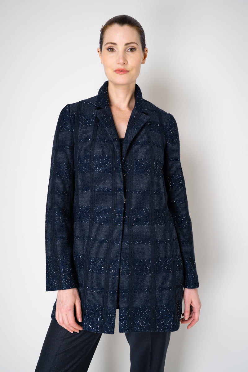Amina Rubinacci Knit Tweed Sequin Embellished Blazer Jacket in Navy Vancouver. Shop Online or in Store.